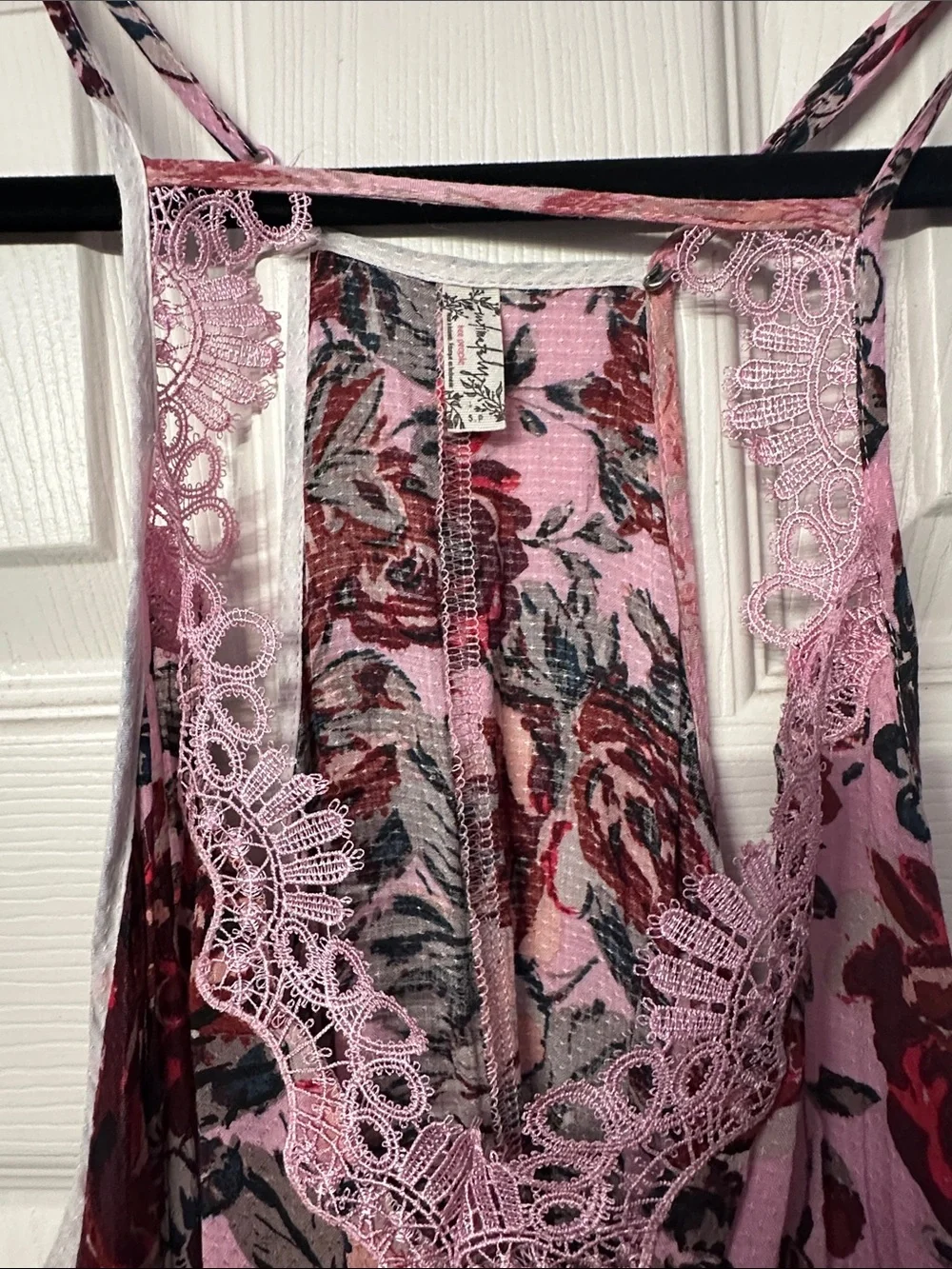Free People Floral Lace-Trim Spaghetti Strap Dress in Pink and White - S